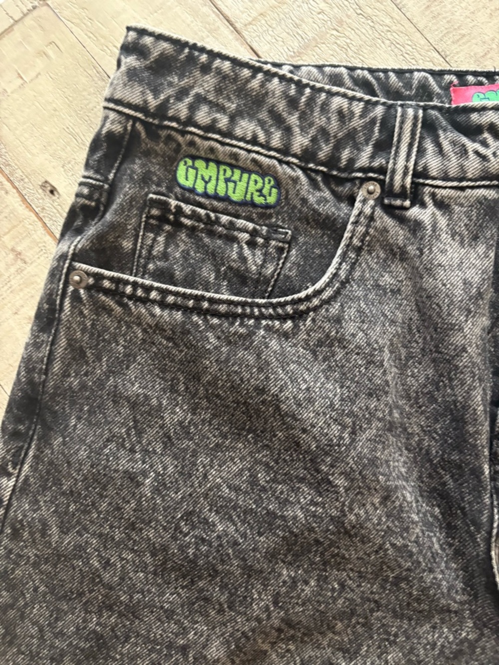 Empyre Washed Black Denim Shorts with Green Logo - Picture 2 of 7